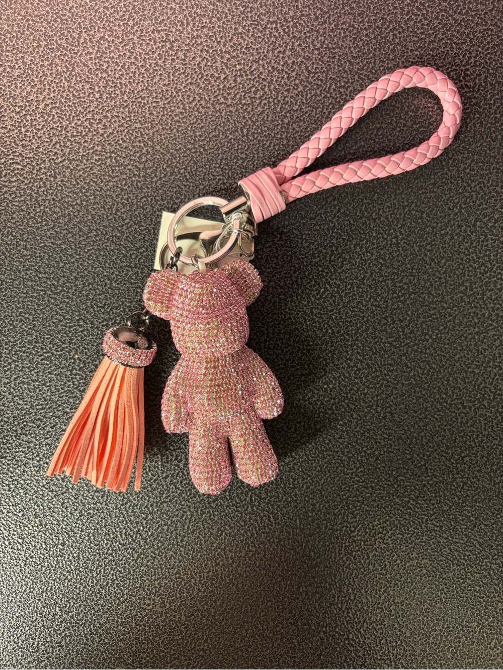 Pink Teddy Keychain with Coral Tassel